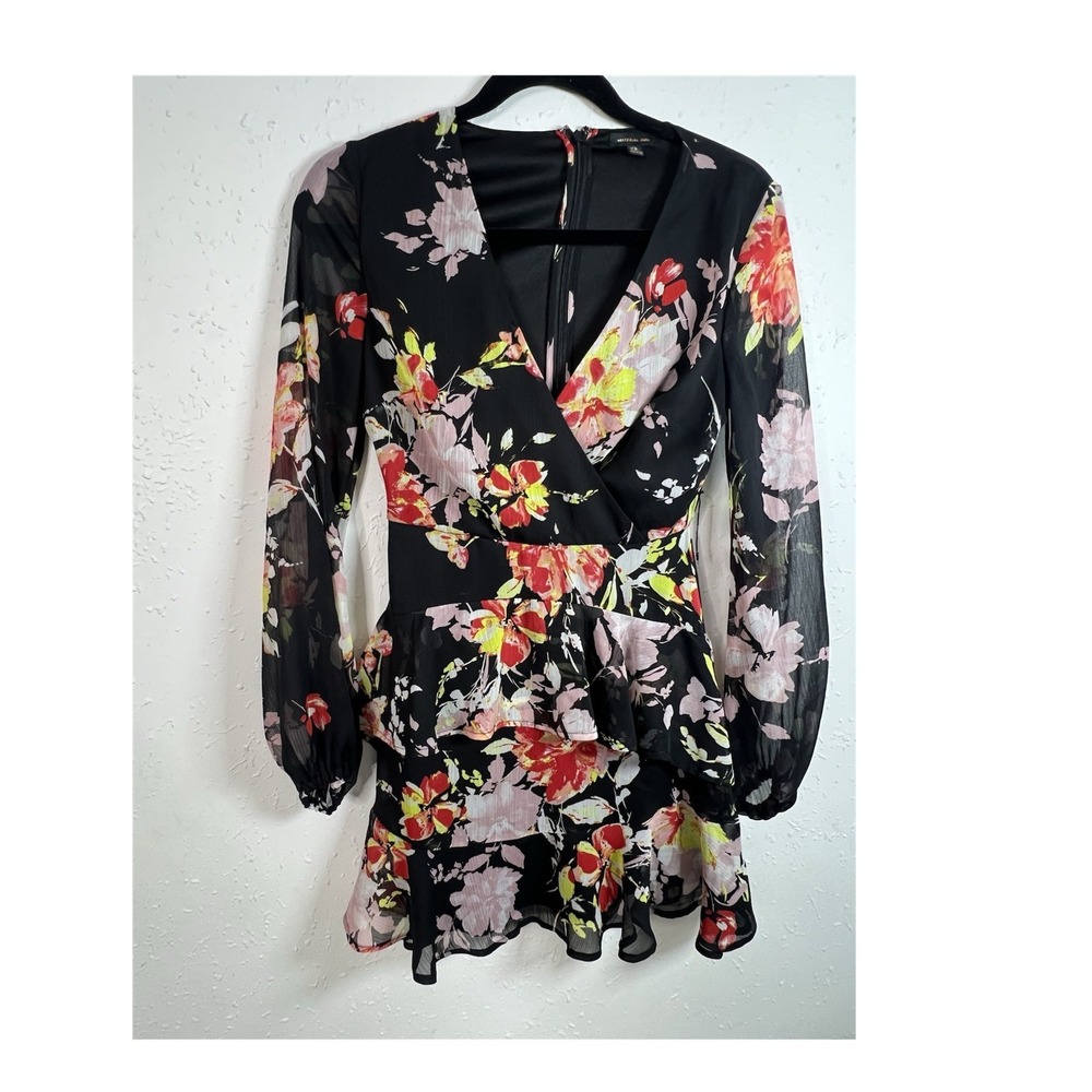 Material Girl Floral Ruffle Wrap Mini Dress V-Neck Long Sleeve Black XS